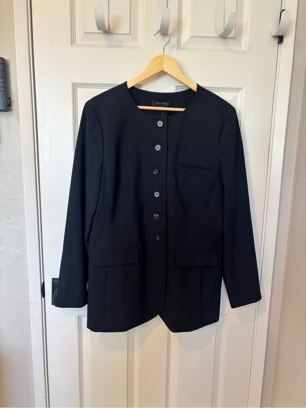 Ann Taylor Navy Collarless Longline Button Blazer
